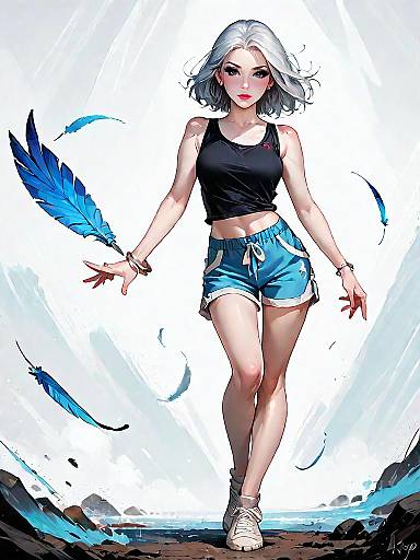 Woman in Casual Summer Outfit with Blue Feathers