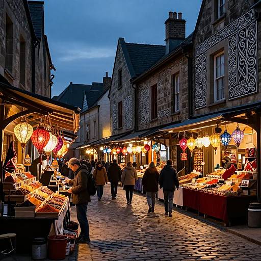 Photograph of a vibrant evening street market with illuminated lanterns, cobblestone path, historic stone buildings, and shoppers browsing stalls.