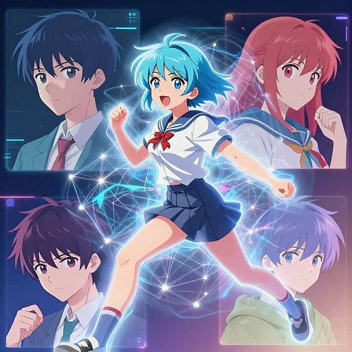 Anime-style digital illustration of four characters: blue-haired girl glowing with energy, four serious-looking boys in suits and uniforms, dark and colorful background. Dynamic