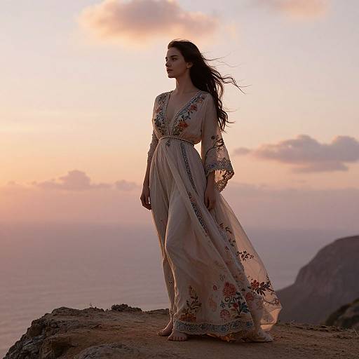 Photograph of a woman in a flowing, floral-patterned, sheer dress standing on a rocky cliff at sunset, with a pastel-colored sky and