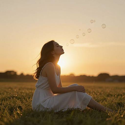Photograph of a young woman in a white dress sitting on grass at sunset, head tilted back, blowing bubbles into the golden sky.