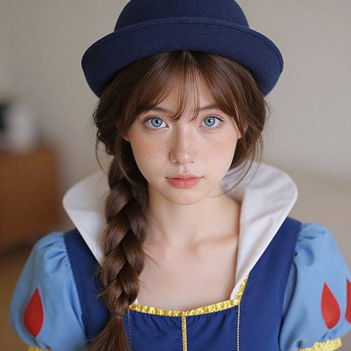 Photograph of a young woman with blue eyes, fair skin, and brown braid, wearing a blue dress with white collar, black hat, and