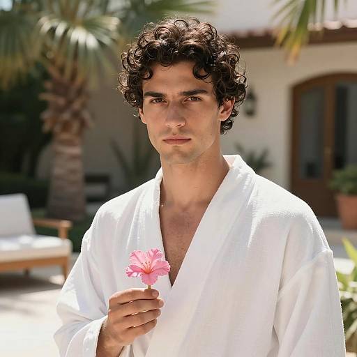 Serious Man in White Robe with Flower