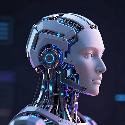 Digital CGI of a futuristic, blue-lit humanoid robot with a white, featureless face, showcasing intricate mechanical and electronic components. Dark background.