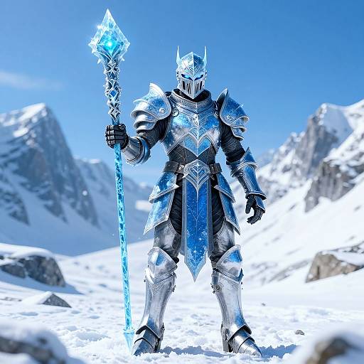 Digital artwork of a blue and silver armored knight with a glowing ice staff, standing in a snowy mountain landscape.