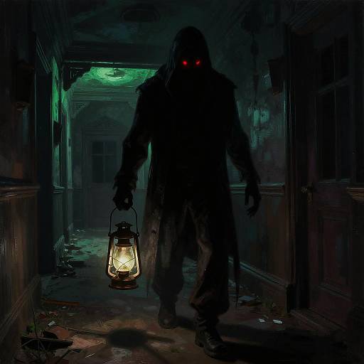 Digital artwork of a shadowy, hooded figure with glowing red eyes, holding a lantern, walking down a dark, eerie hallway.