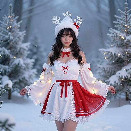 Asian woman in white and red Christmas-themed dress with snowflake headpiece, illuminated sleeves, and red bows, standing in snowy forest.
