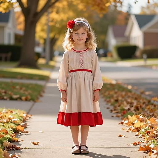 Photograph of a young blonde girl in a cream dress with red trim, red flower hair accessory, standing on a sunny autumn sidewalk, surrounded by fallen