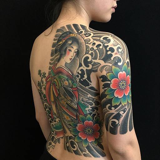Tattooed Asian woman with intricate, colorful back piece featuring traditional Japanese woman, ocean waves, and vibrant flowers on dark background.