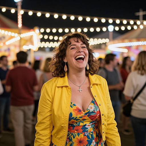 Photograph of a joyful woman with shoulder-length brown hair, wearing a bright yellow jacket and colorful floral dress, laughing at a night festival with string lights