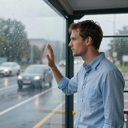 Man in Rain-Soaked Bus Shelter