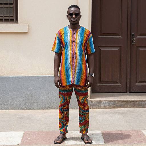 Photograph of a dark-skinned man wearing vibrant, colorful, striped African print shirt and pants, black sunglasses, and sandals, standing in front of