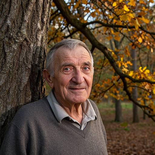Photograph of an elderly man with gray hair, smiling, wearing a gray sweater over a white collared shirt, standing against a tree in an autumn