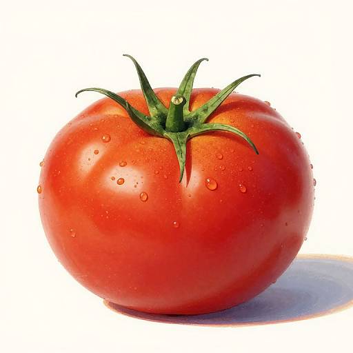 Photograph of a vibrant, red, wet tomato with green stem and water droplets, casting a shadow on a white background.