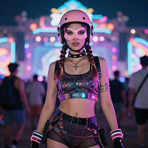 Photograph of a woman in neon rave gear: white helmet, face mask, bralette, mesh shorts, glowing accessories, tattoos, cross necklace,