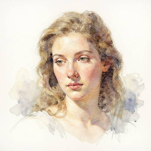 Watercolor portrait of a young woman with fair skin, curly blonde hair, soft green eyes, and delicate pink lips, set against a white background.