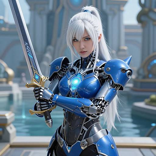 Digital art of a white-haired woman in blue, futuristic armor, holding a glowing sword, with a high-tech, ornate background.