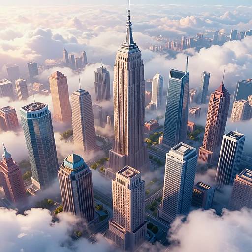 Aerial photograph of a bustling cityscape with tall skyscrapers, including a prominent central spire, partially obscured by fluffy clouds. Sunlight casts