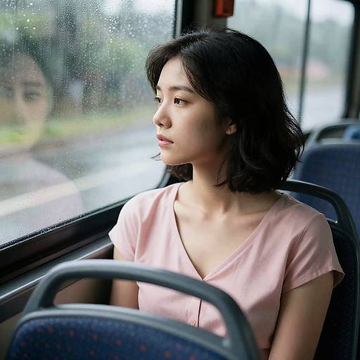 Pensive Woman on a Rainy Bus Ride