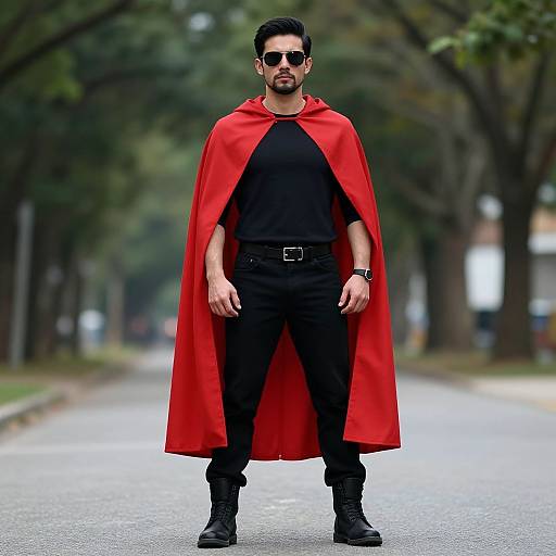 Photograph of a man with dark hair and beard, wearing sunglasses, black shirt, pants, red cape, black boots, standing on a tree-lined