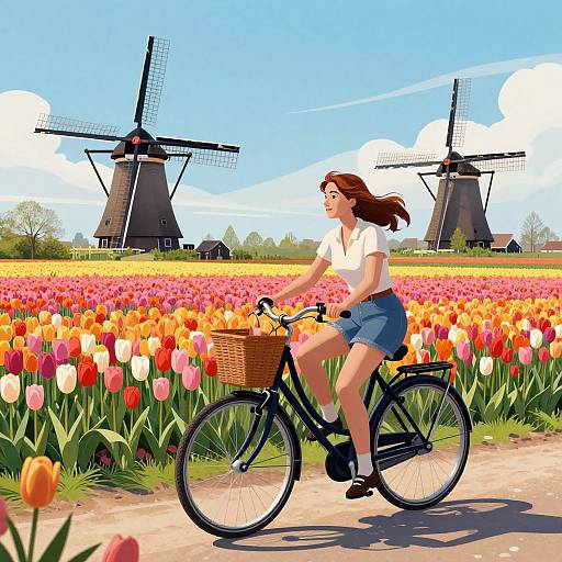 Digital illustration of a young woman with brown hair in a white shirt and denim shorts, riding a bicycle through a vibrant tulip field, with two wind