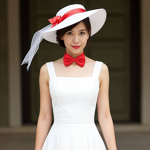 Photograph of an Asian woman with short black hair, wearing a white dress, red bow tie, and white hat with red ribbon, standing in front