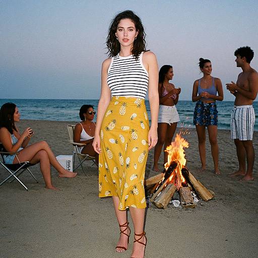 Photograph of a dark-haired woman in a striped top and yellow pineapple-patterned skirt standing in front of a beach bonfire, with other beachgo