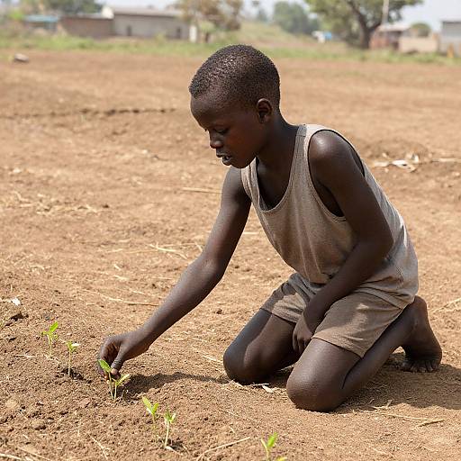 Photograph of a young African boy with dark skin, short hair, wearing a dirty white tank top and shorts, kneeling on dry, brown soil,