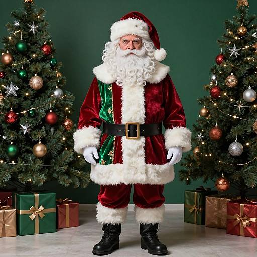 Photograph of Santa Claus in a red velvet suit with white fur trim, black belt, and boots, standing between two decorated Christmas trees with presents on