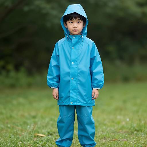 Photograph of a young Asian boy standing in a grassy field, wearing a bright blue raincoat and matching pants with a hood, against a blurred