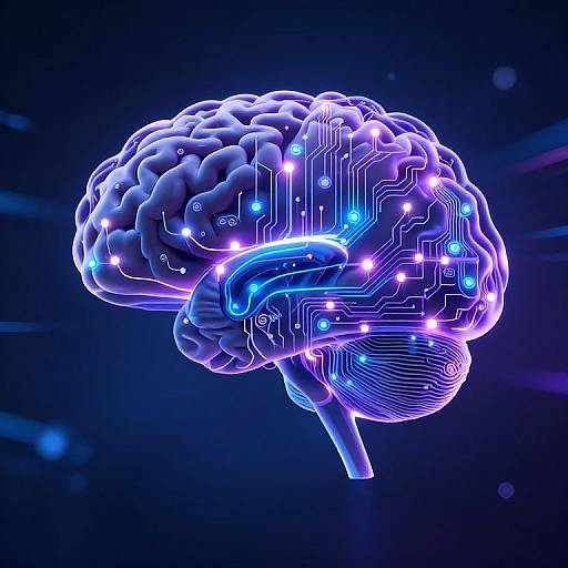Digital CGI of a glowing, neon blue and purple brain with circuit patterns, floating against a dark, starry background.