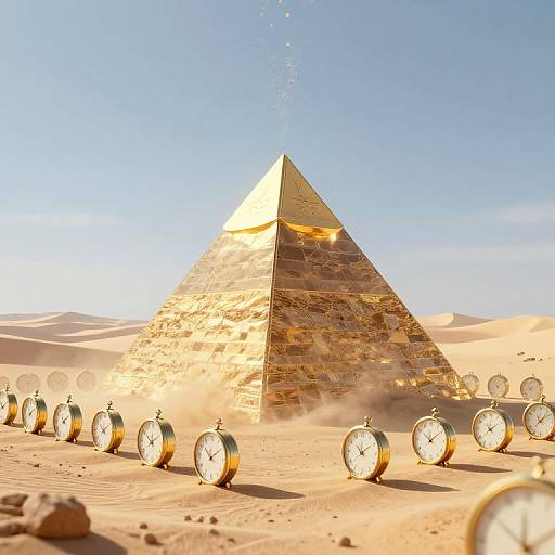 Surreal Golden Pyramid and Floating Clocks