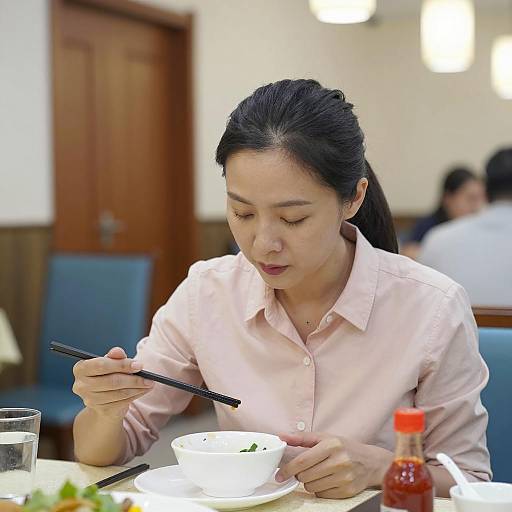 Dining Asian Woman with Chopsticks
