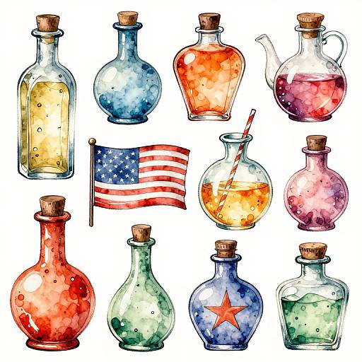 Watercolor illustration of 12 colorful glass bottles with cork tops, an American flag, and a star-adorned bottle, arranged in a 4