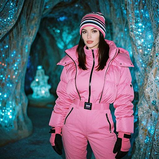Photograph of a woman in a pink winter parka, matching beanie, and gloves, standing in a glowing blue-lit cave.