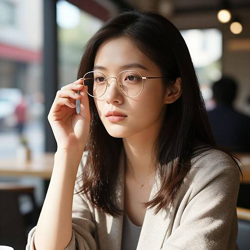 Photograph of an Asian woman with long black hair, wearing round gold-rimmed glasses and a gray sweater, adjusting her glasses in a sunlit