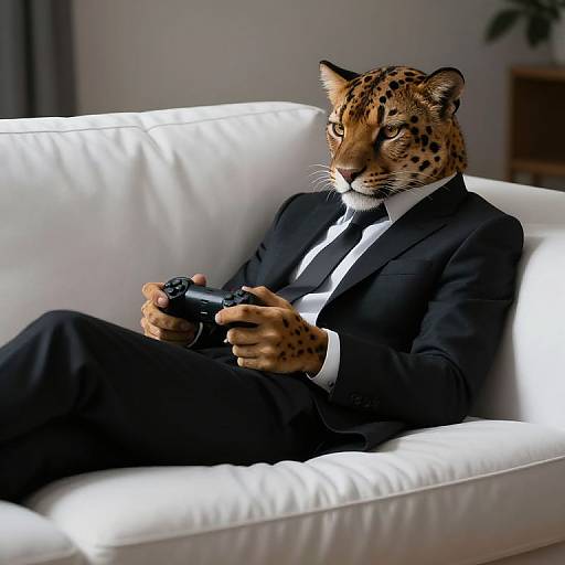 Photograph of an anthropomorphic leopard in a black suit, white shirt, and tie, holding a game controller on a white couch.