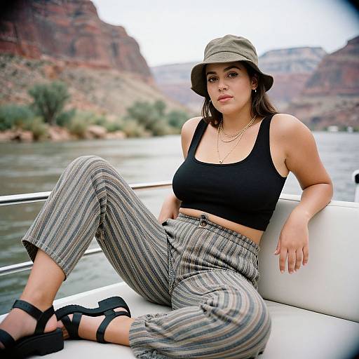 Lanky Woman in Casual Streetwear on Riverboat