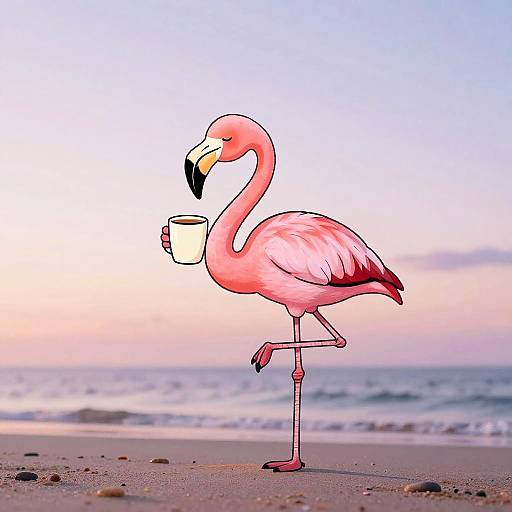 Digital illustration of a pink flamingo standing on one leg, holding a white cup, against a pastel sunset beach backdrop.