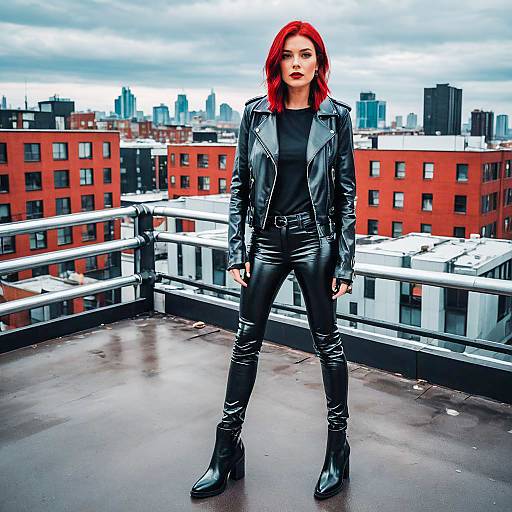 Edgy Woman in Leather Outfit on Urban Rooftop