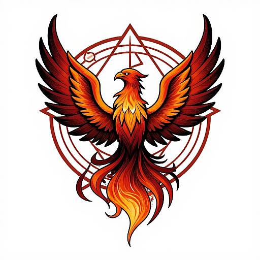 Digital drawing of a vibrant, fiery phoenix with outstretched wings, surrounded by a red pentagram on a white background.