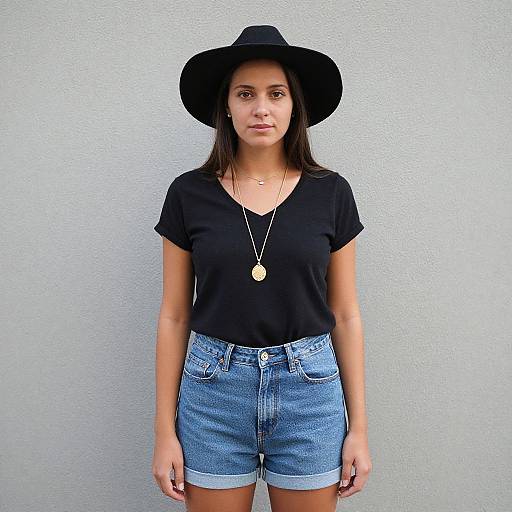 Photograph of a young woman with light brown skin, wearing a black wide-brim hat, black t-shirt, denim shorts, and a gold necklace