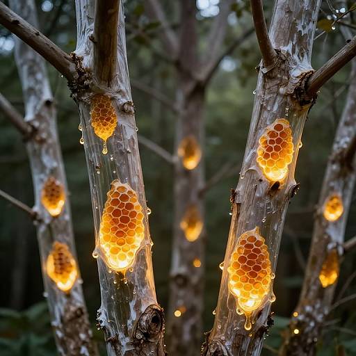 Photograph of tree trunks with glowing, honeycomb-shaped lights embedded in transparent, gel-like substance, set against a blurred forest background.