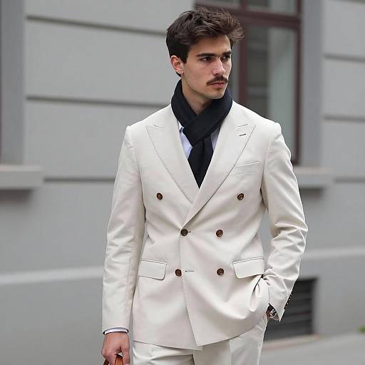 Young Man in Cream Double-Breasted Suit
