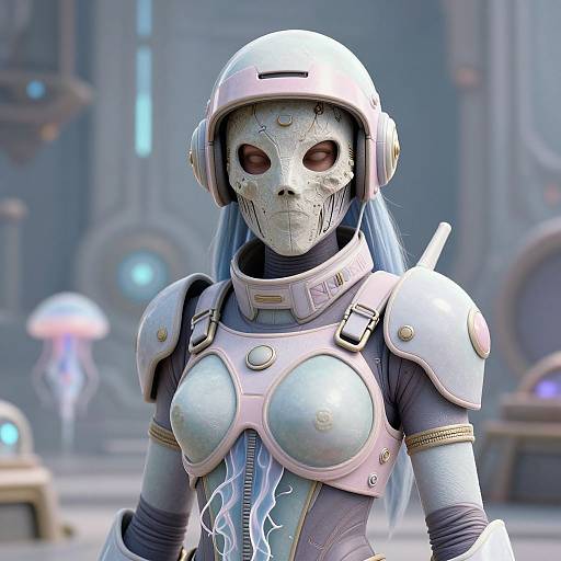 CGI sci-fi image of a female android with silver armor, white helmet, blue hair, and glowing red eyes in a futuristic city.