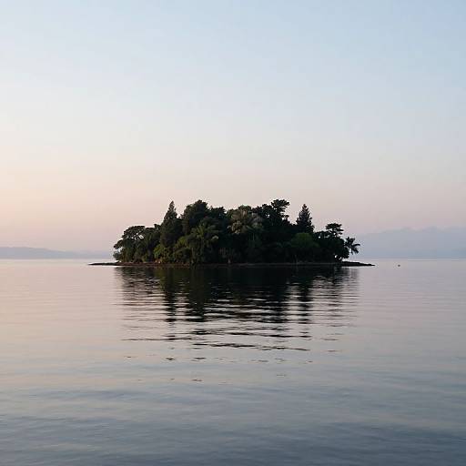 Photograph of a small, tree-covered island reflected in calm, pastel-colored waters at sunrise or sunset, with a clear, light blue sky.
