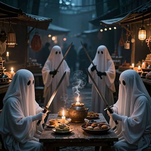 Photograph: Four white-sheeted ghostly figures with black eye holes, holding knives, sit around a candlelit wooden table in a dimly lit