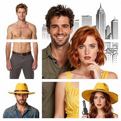 Collage of diverse portraits with cityscape background