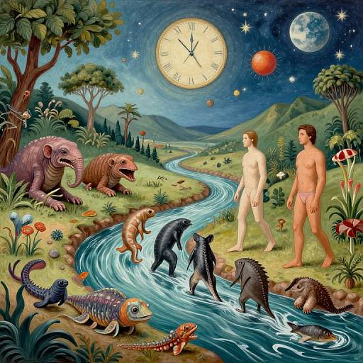 Illustration of two nude men standing by a winding river, surrounded by prehistoric creatures, vibrant flora, and a night sky with large moon and stars