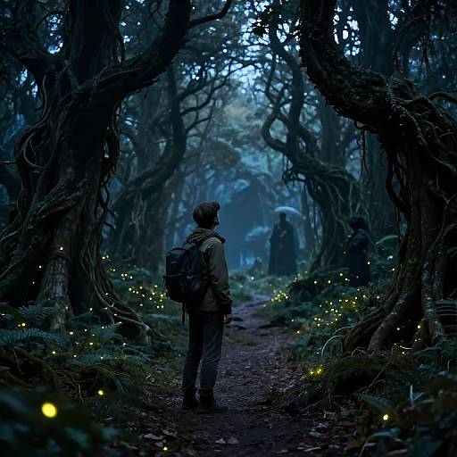 Photograph of a lone hiker with backpack, facing a mystical, dark forest path illuminated by glowing fireflies, with a silhouetted figure
